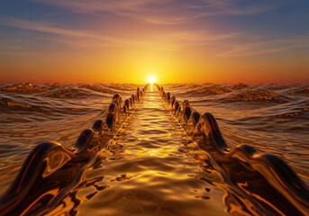 Golden pathway across shimmering water leading towards vibrant sunset glow