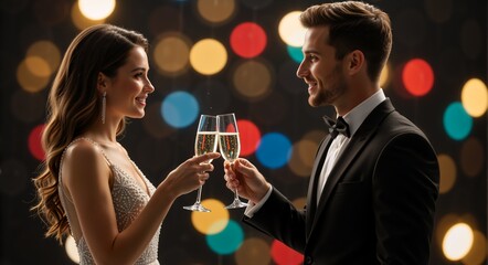 A romantic couple makes a toast with champagne glasses. An elegant man and woman celebrating New Year's Eve at a festive party