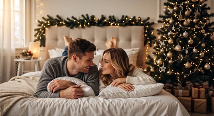 Happy young couple lying on bed in cozy Christmas bedroom. Romantic man and woman looking at each other near decorated tree. Winter holiday lifestyle