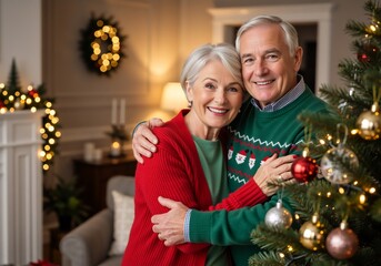 Happy senior couple hugging near a Christmas tree in a cozy living room. Portrait of an elderly husband and wife celebrating the holidays at home