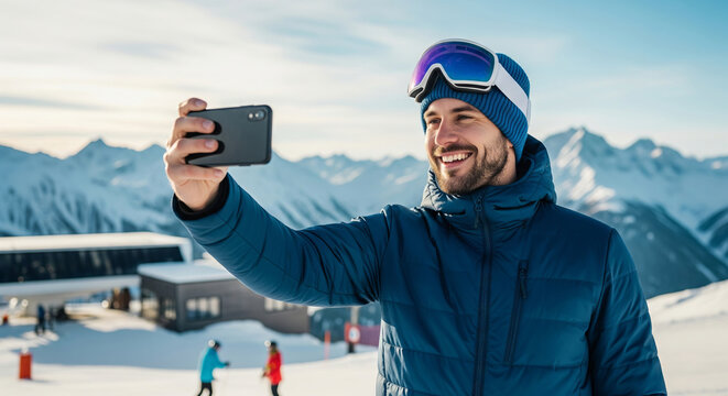 Man taking a selfie with a smartphone in snowy mountain landscape during winter vacation. concept of winter sports, outdoor adventure, technology in nature - Powered by Adobe