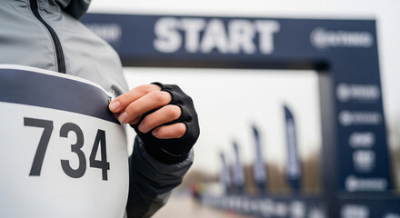 Person preparing to start marathon race by pinning number to jacket under start line. concept of competition, preparation, athletic event