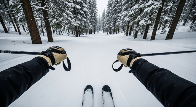 Pov skiing through snowy forest pathway with pine trees on a winter adventure day. concept of outdoor nature exploration, thrilling winter sports, snowy landscape