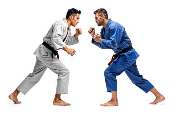 Brazilian Jiu-Jitsu Fighter in Grey and Blue Gis Facing Each Other on Isolated Background