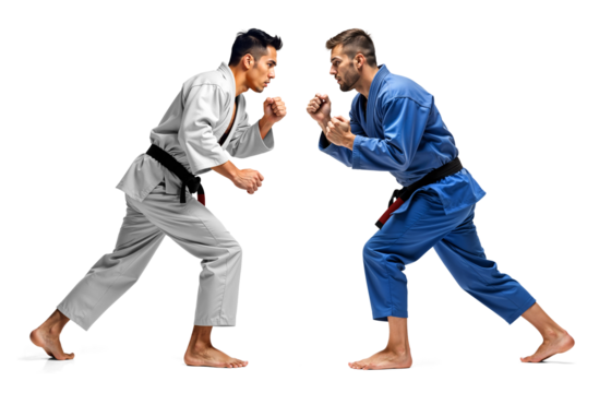 Brazilian Jiu-Jitsu Fighter in Grey and Blue Gis Facing Each Other on Isolated Background - Powered by Adobe
