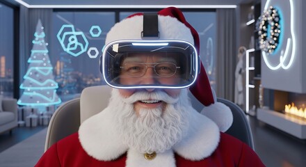 Santa claus in a virtual reality headset smiling with digital Christmas decorations. Modern festive technology for holiday marketing.