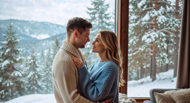 Happy young couple embracing by a window in a cozy home. Romantic man and woman in sweaters enjoying a winter vacation with a snowy mountain view
