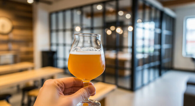 Man holding a glass of craft beer at a stylish modern brewery or bar, concept for beverage menu or happy hour advertisement. copy space