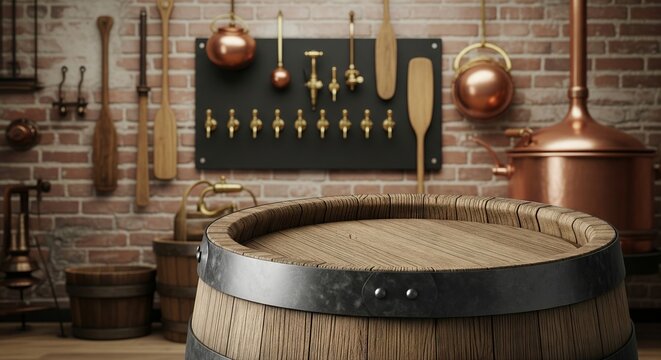 Brewery interior with wooden barrel and brewing equipment on a brick wall background. Rustic vintage pub or bar scene for product display.