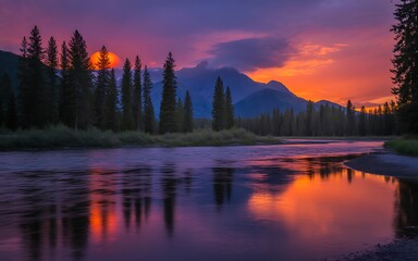 Fototapeta premium Scenic sunset over the river with mountains in the background
