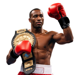 Pro heavyweight boxer holding a championship belt in celebration