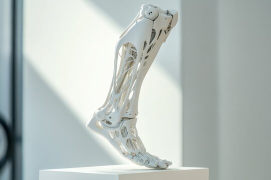 Innovative bionic leg prototype displayed in natural light for medical and design concepts