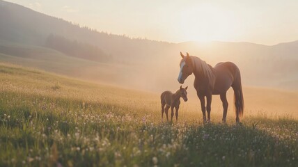 Majestic horse and foal in serene sunrise landscape