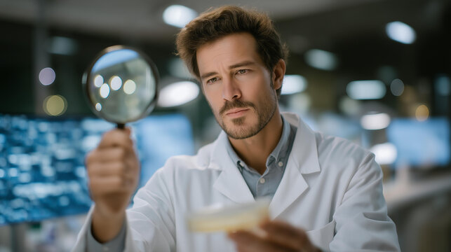 A scientist holding a magnifying glass over a petri dish in a bright laboratory, revealing microscopic textures as digital data overlays appear on nearby monitors — biotechnology research, - Powered by Adobe