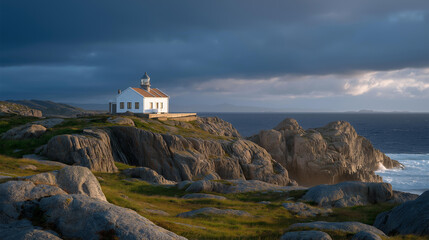 A coastal lighthouse equipped with AI sensors transmitting storm surge and high tide alerts to a remote monitoring center — maritime safety forecasting, ocean-weather analytics, and coastal
