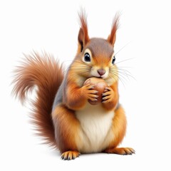 Obraz premium Adorable squirrel holding a nut in its paws against a clean showcasing its fluffy tail and cute facial features on white background