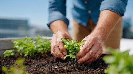 Close-up of hands planting basil seedlings on sunny eco-home terrace — mindful gardening and everyday sustainability. cinematic color correction, natural uneven lighting yet gentle backlight, soft
