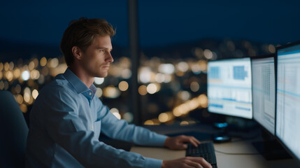A lone employee working late in a dim corporate office, illuminated only by the cool glow of dual monitors filled with spreadsheets and analytics — a realistic overtime moment capturing