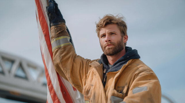 A firefighter raising a weathered flag atop a fire truck after a grueling shift, soot still marking their uniform as a symbol of resilience, duty, and unwavering patriotic commitment. cinematic