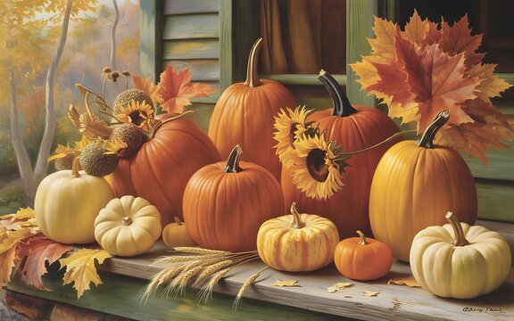 Autumn harvest display of pumpkins and gourds on porch