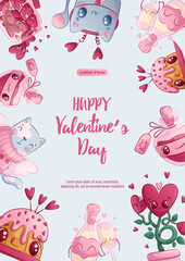 A design template for Valentine's Day greeting cards. A bottle of potion, champagne, cats, a plant, a cupcake, hearts. Vector illustration for the design of postcard, invitation card, poster, banner