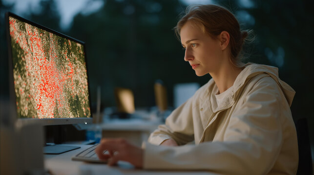 A cybersecurity analyst reviewing threat clusters on a heatmap, red hotspots forming patterns that reveal suspicious network activity — cyber defense intelligence, anomaly detection, and real-time