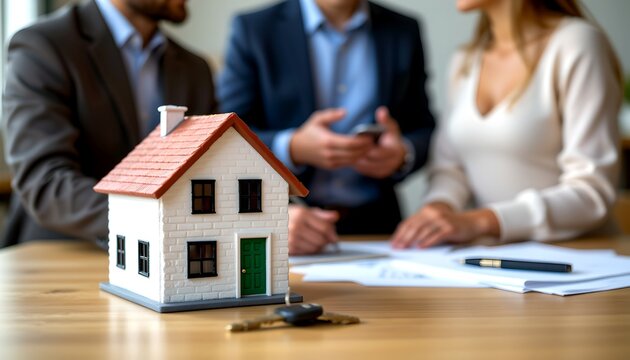 A close-up view of a model house with keys, documents and the couple is discussing real estate matters - Powered by Adobe