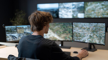 A lone intelligence specialist comparing drone footage and sensor data on a wall of monitors, identifying hidden targets using AI-assisted threat markers — advanced surveillance, predictive