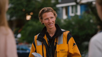 A civil defense coordinator walking door-to-door distributing informational leaflets about storm shelters and evacuation routes, neighborhood pets and residents greeting warmly — local disaster