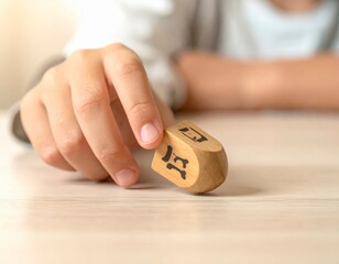 A child's hand gently spinning a traditional wooden dreidel during joyful Hanukkah festivities