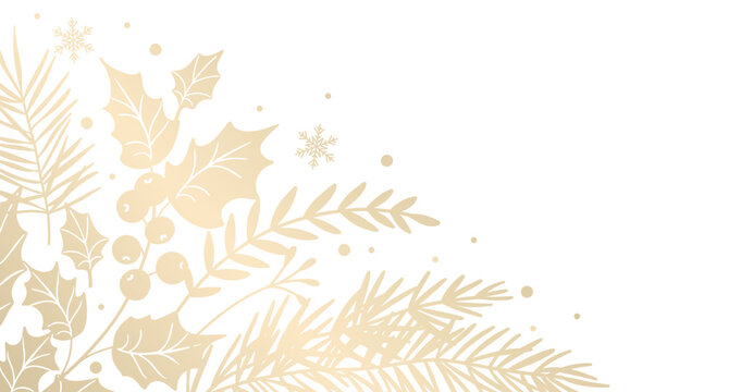 Winter golden floral background. Corner. Luxury Christmas pattern with fir branches and holly leaves. Vector illustration with elegant hand drawn winter botanical decorative elements