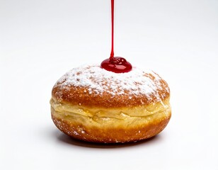 Sweet powdered jelly donut getting a fresh pour of luscious red fruit topping isolated