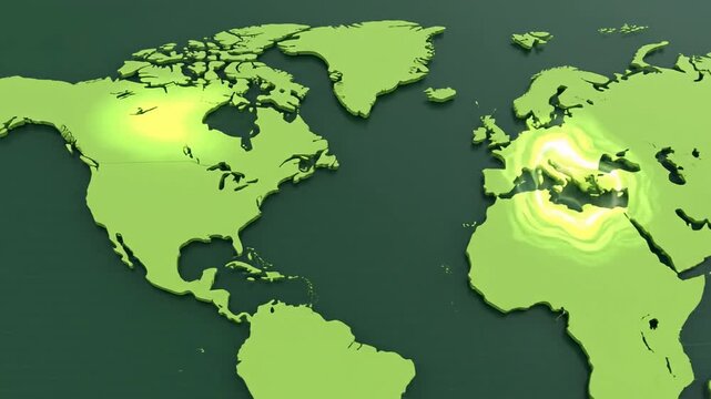 Animated World Map with Glowing Regions Highlighting Global Data and Connectivity.