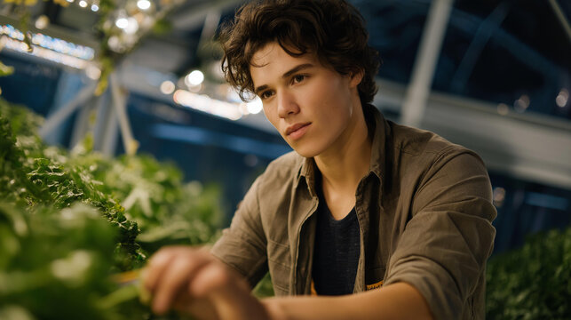 A horticulturist measuring plant growth using a digital height sensor in a hydroponic greenhouse, LED grow lights reflecting off nutrient-rich water channels — controlled agriculture, plant