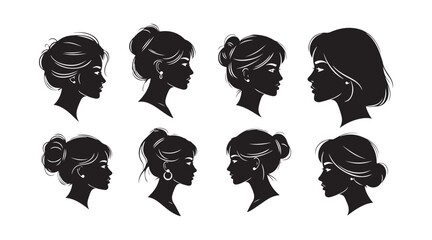 Group of silhouettes showcasing women's portraits. Elegant black and white images of gorgeous girls. Beauty salon branding. Female face graphic. Vector illustration.