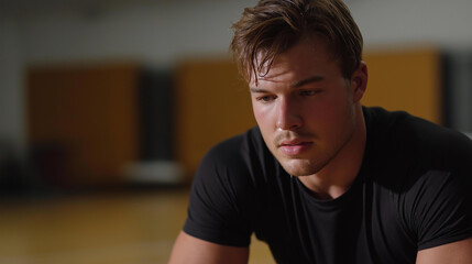 An athlete training alone in an empty gym, sweat dripping as they repeat the same drill with unwavering focus — self-discipline through repetition, physical resilience, and long-term performance