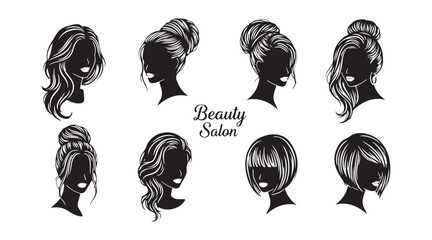 A set of silhouettes featuring women's portraits. Stunning black and white illustrations of beautiful ladies. Logo for a beauty salon. Female face design. Vector illustration.