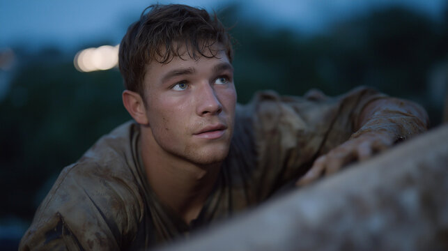 A recruit struggling through their first obstacle course, mud on their uniform and determination in their eyes as they push over a wall — resilience, physical endurance, and the raw challenge of