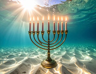 Enchanting underwater menorah bathed in sunlit depths a symbol of hope and enduring light