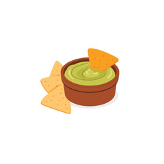 Guacamole Delight: A tasty appetizer with triangular tortilla chips in a brown earthenware bowl
