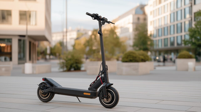 A repairable electric scooter being serviced at a mobility hub, technicians pulling out modular batteries and adjusting replaceable handlebars — urban transport sustainability, easy maintenance,