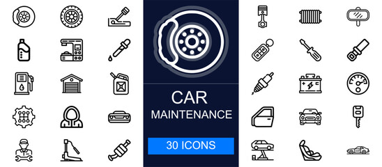 Car maintenance icon set. Auto repair, tools, parts, fueling, diagnostics, service, safety, mechanic work and more. Thin line vector icons collection for automotive, garage and mechanical industries. © Fifty Icons