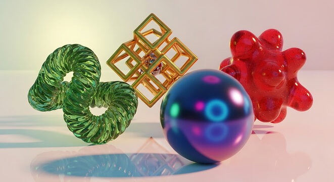 Abstract 3D Renderings of Geometric Shapes and Organic Forms with Dynamic Lighting and Reflections