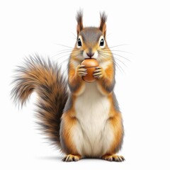Obraz premium Adorable squirrel holding an acorn in its paws looking directly at the viewer on a clean in a studio setting on white background