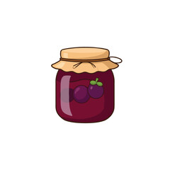 Homemade plum preserve displayed in a glass jar with decorative fabric tied around its lid