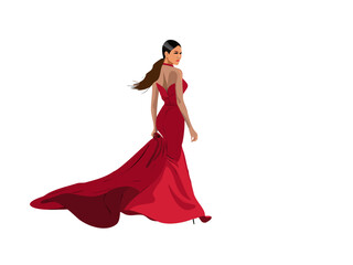 Gorgeous elegant lady in a long red evening gown posing in the studio