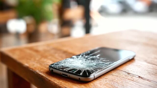 Smartphone with shattered screen on wooden defocused surface, faceless modern damage, broken visualization detail, blurred table background, mobile phone concept, cracked interface