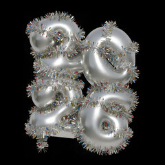 Silver 3D text 2026 on a black background with New Year's tinsel. Silver bubble typeface. Cute inflatable letters 2026. Happy New Year 2026 text design.