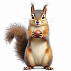 Obraz premium Adorable squirrel holding a nut standing upright looking directly at the viewer with a fluffy tail and whiskers on white background