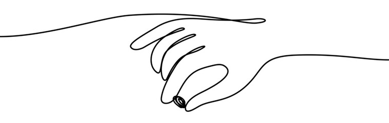 Human hand holding a plant seed, isolated on transparent background, vector illustration, minimal continuous line design. Suitable for eco themes, growth concepts, and organic designs